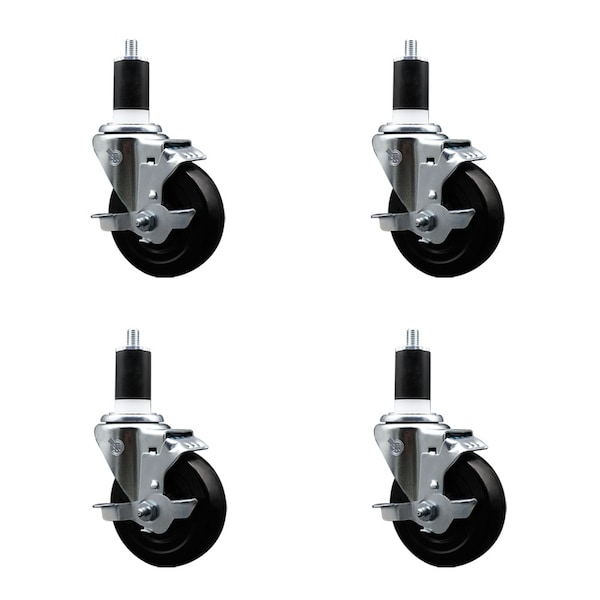 4'' SS Hard Rubber Swivel 1-1/2'' Expanding Stem Caster Set with Brake, 4PK